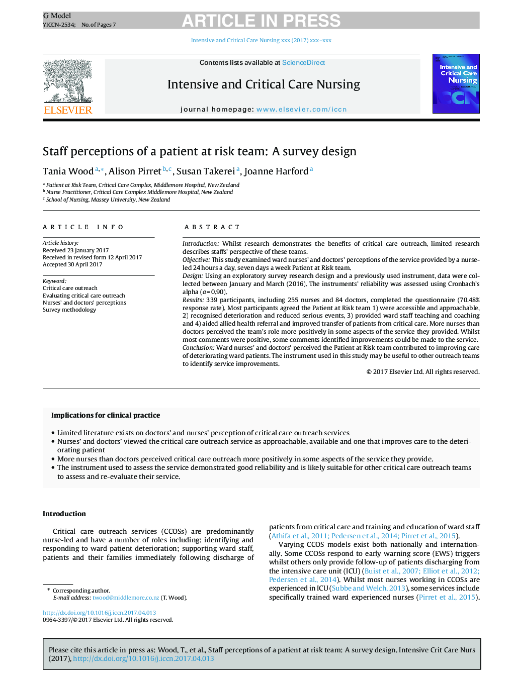 Staff perceptions of a patient at risk team: A survey design