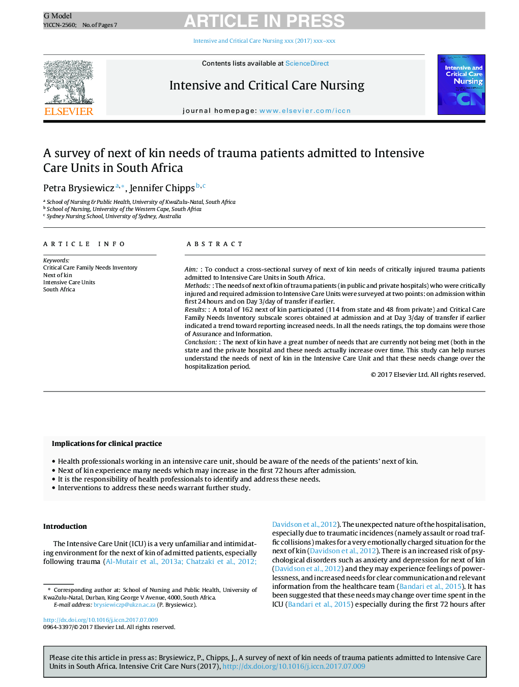 A survey of next of kin needs of trauma patients admitted to Intensive Care Units in South Africa