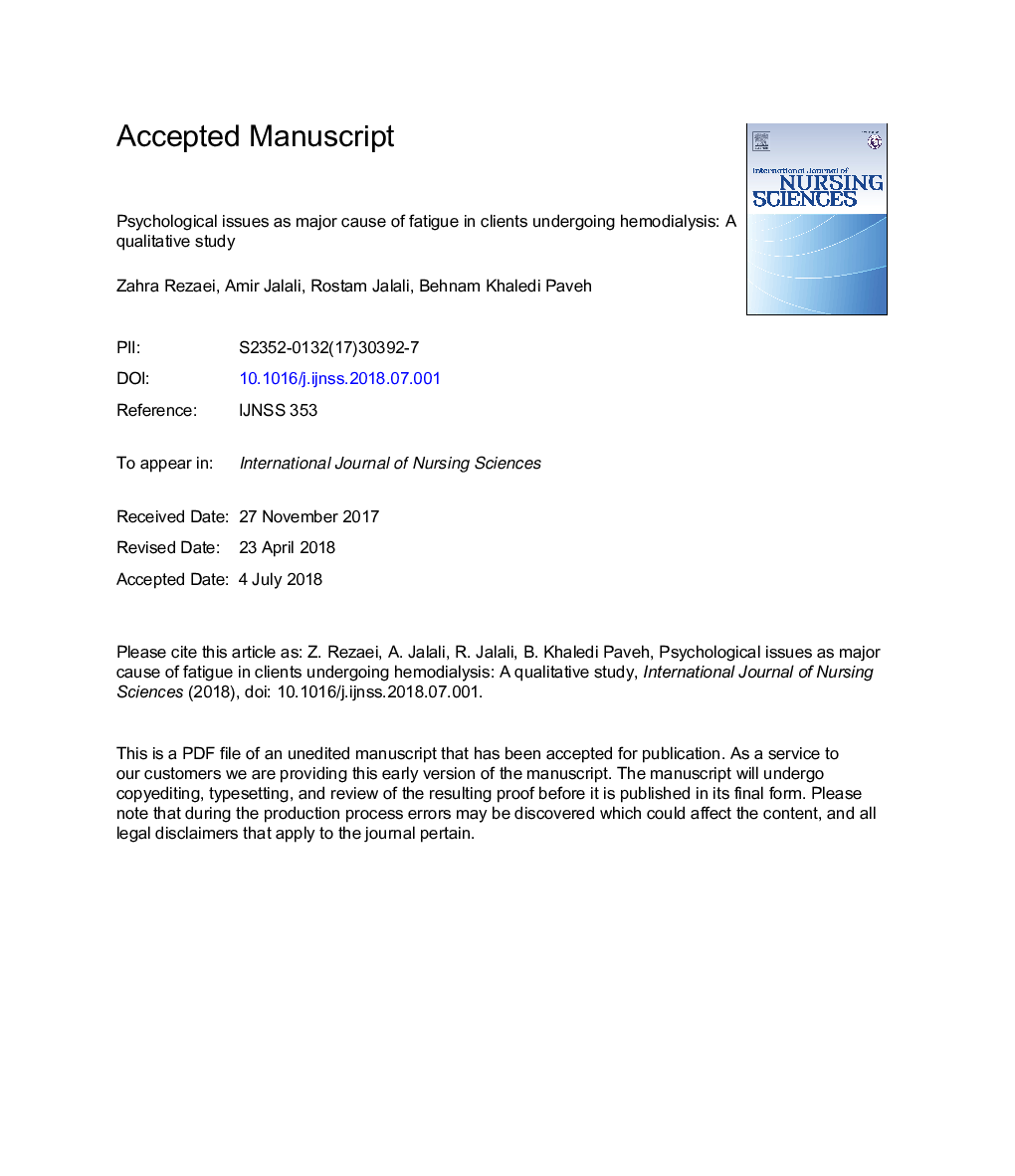 Psychological problems as the major cause of fatigue in clients undergoing hemodialysis: A qualitative study