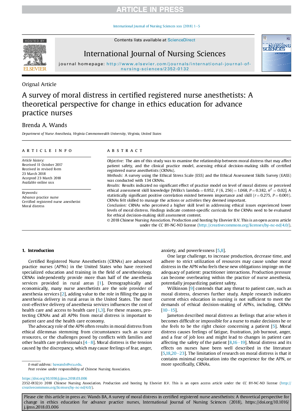 A survey of moral distress in certified registered nurse anesthetists: A theoretical perspective for change in ethics education for advance practice nurses