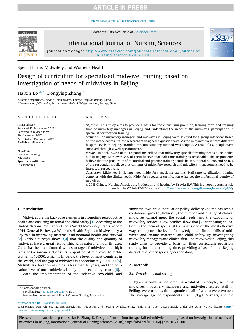 Design of curriculum for specialised midwive training based on investigation of needs of midwives in Beijing