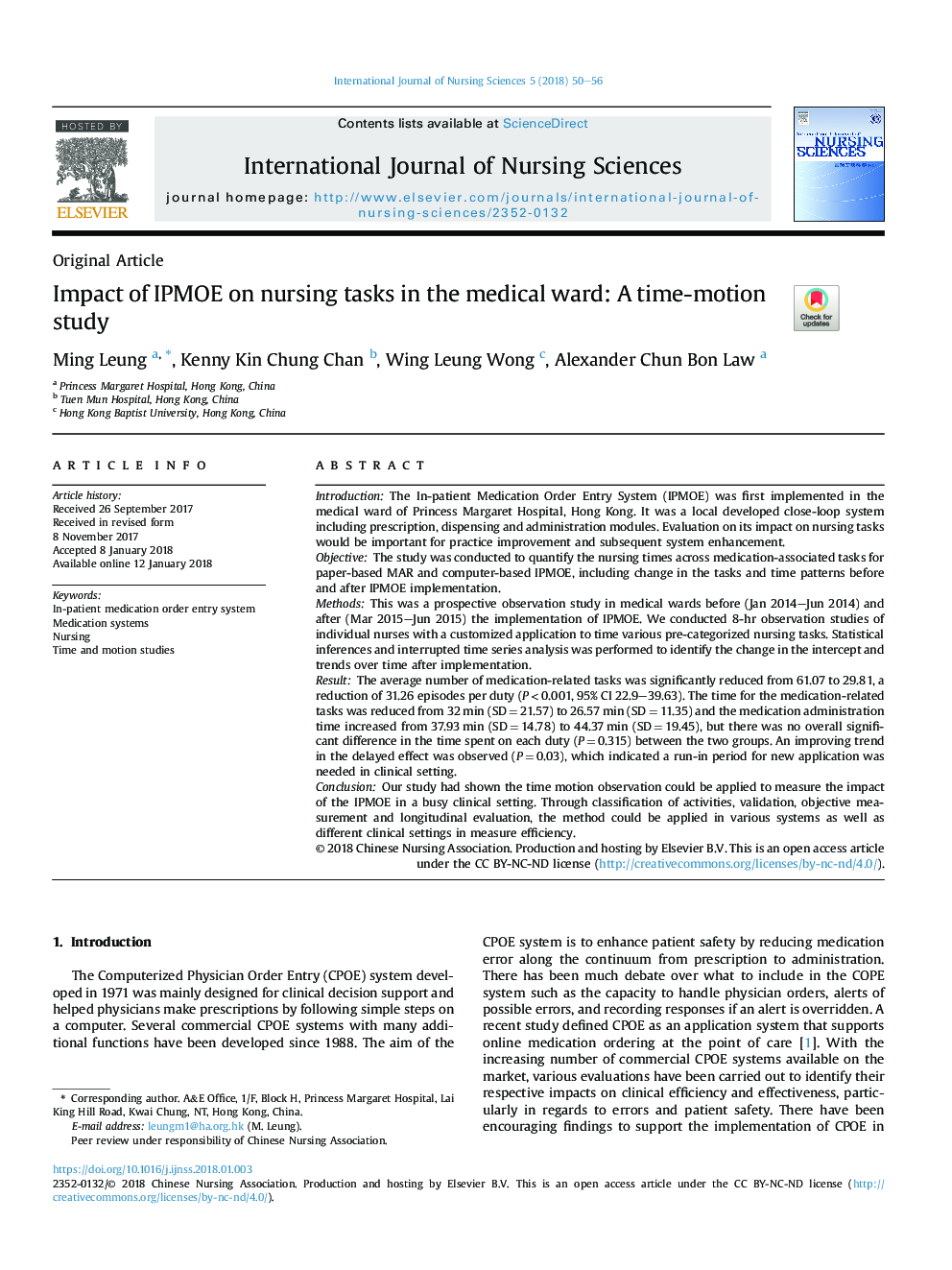 Impact of IPMOE on nursing tasks in the medical ward: A time-motion study