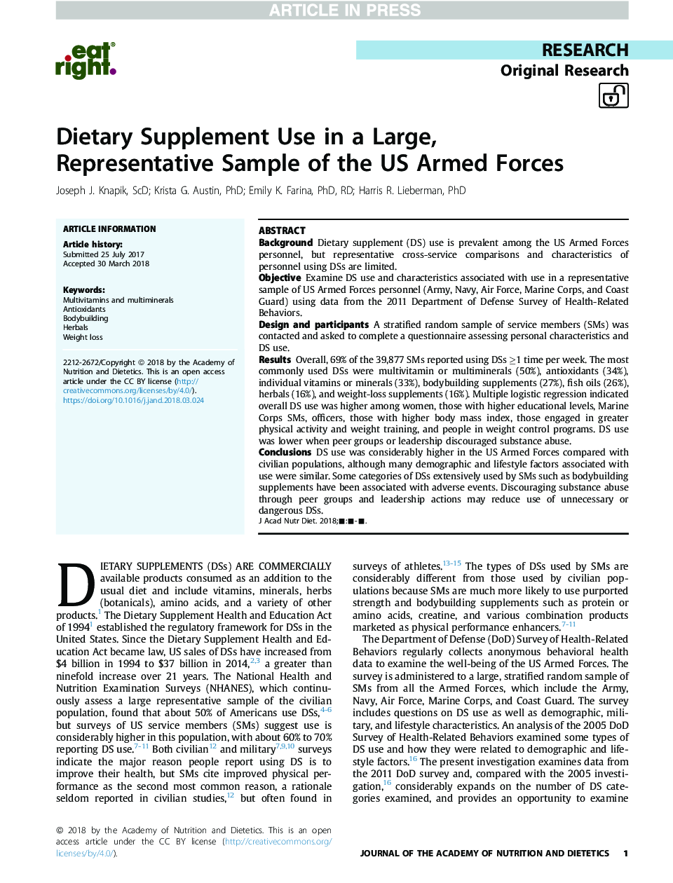 Dietary Supplement Use in a Large, Representative Sample of the US Armed Forces