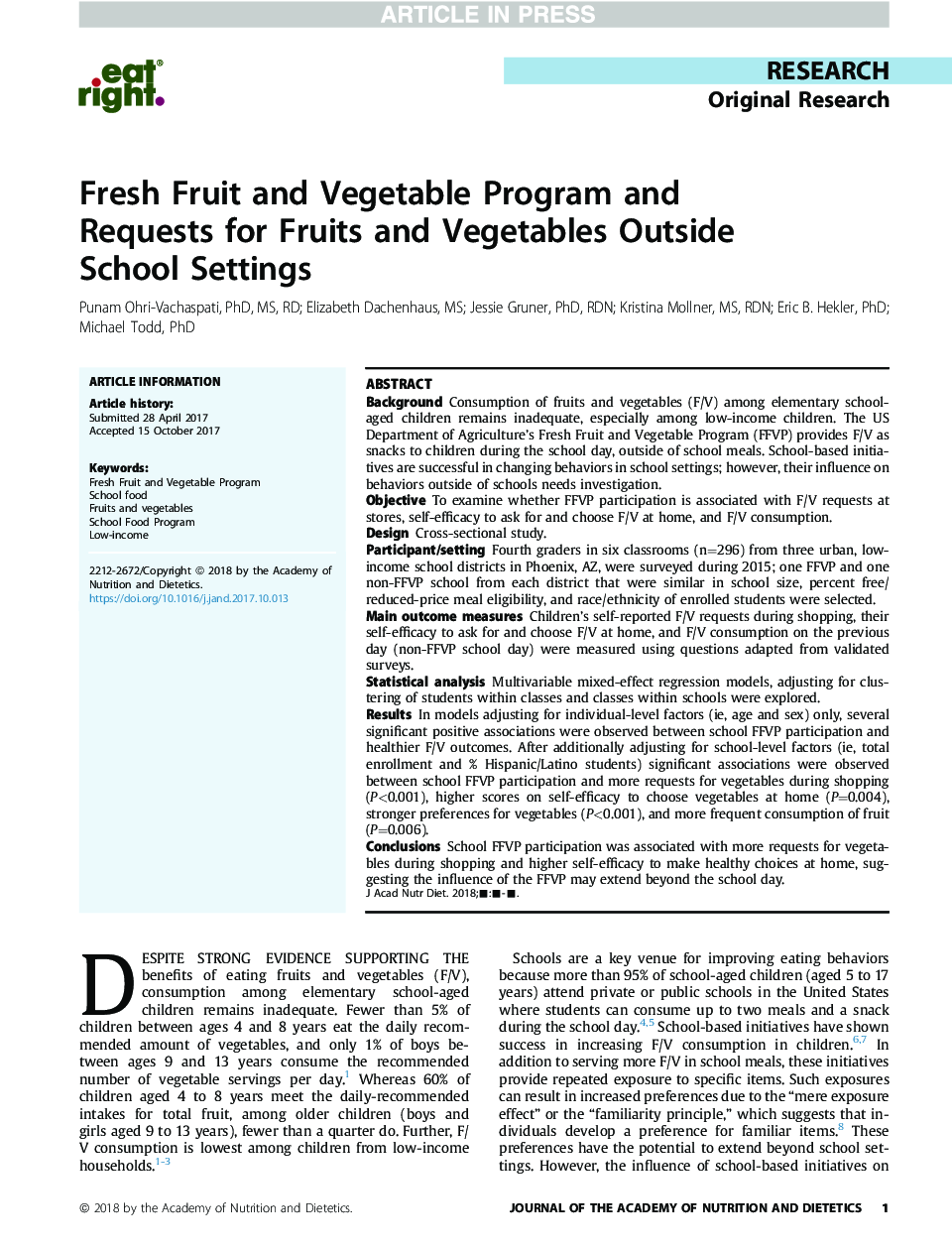 Fresh Fruit and Vegetable Program and Requests for Fruits and Vegetables Outside School Settings