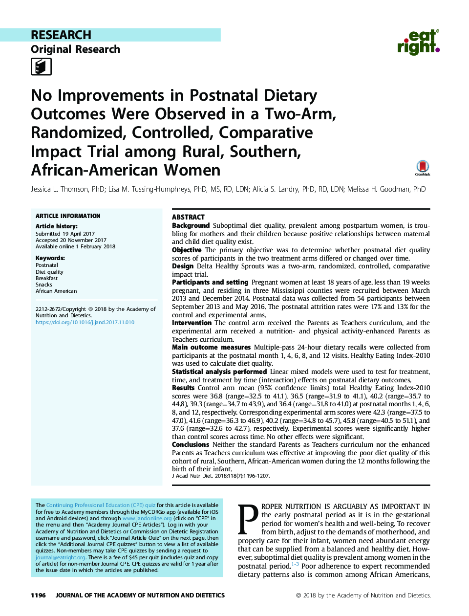 هیچ بهبودی در نتایج رژیم غذایی پس از زایمان در یک بررسی دو طرفه، تصادفی، کنترل شده، مقایسه ای در میان زنان روستایی، جنوب، آفریقایی-آمریکایی مشاهده نشد 