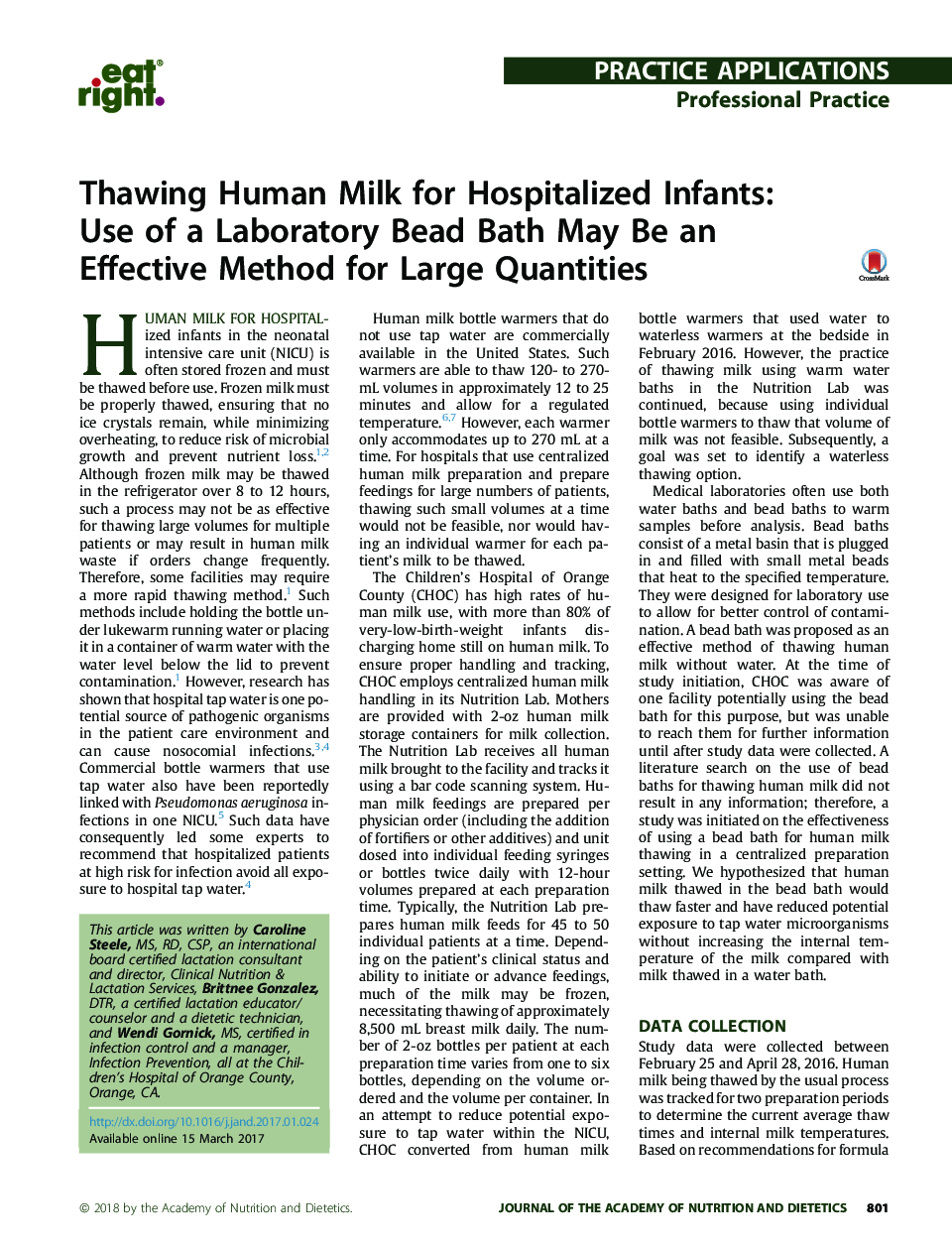 Thawing Human Milk for Hospitalized Infants: Use of a Laboratory Bead Bath May Be an Effective Method for Large Quantities