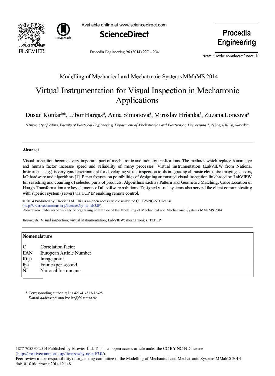 Virtual Instrumentation for Visual Inspection in Mechatronic Applications 