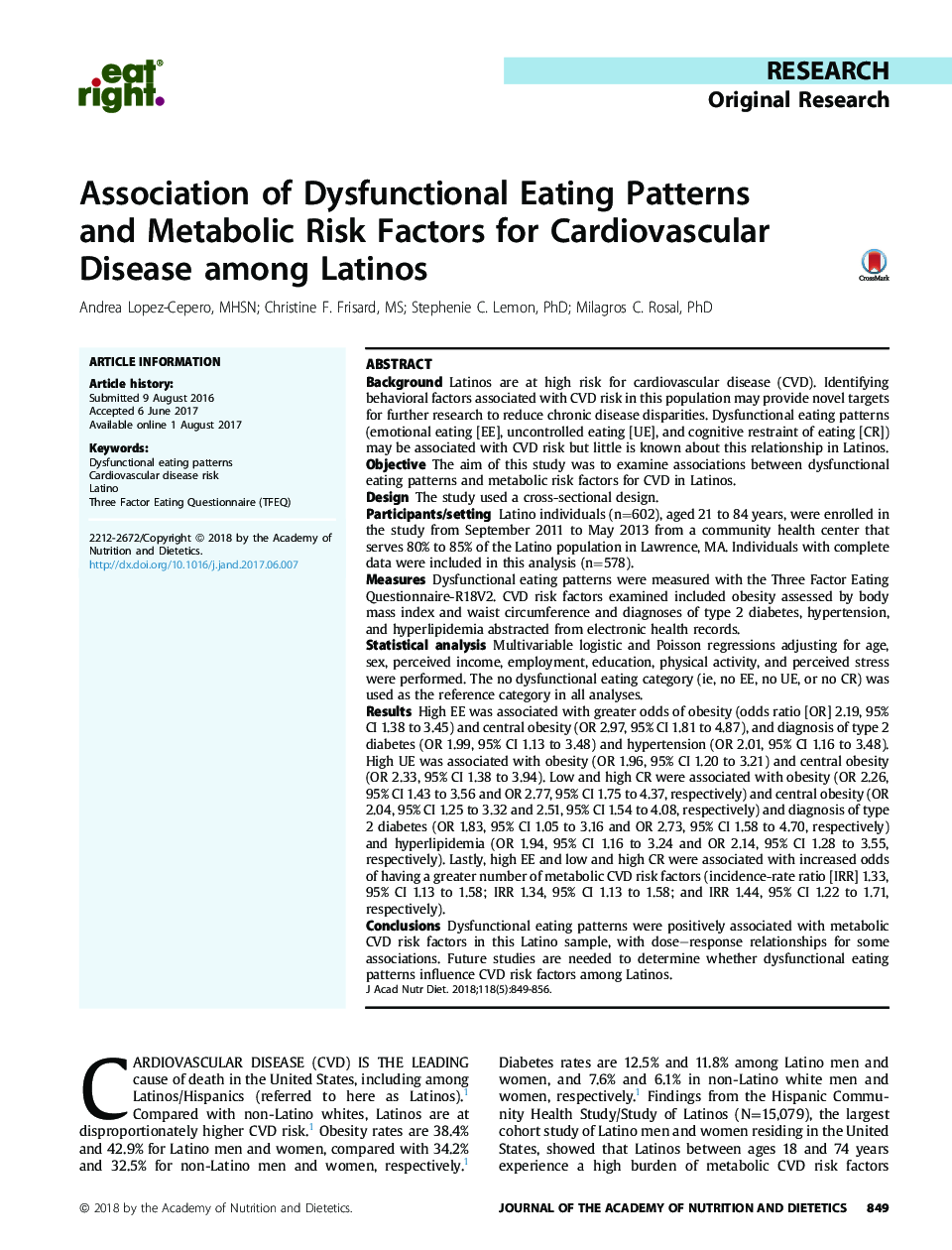 Association of Dysfunctional Eating Patterns and Metabolic Risk Factors for Cardiovascular Disease among Latinos