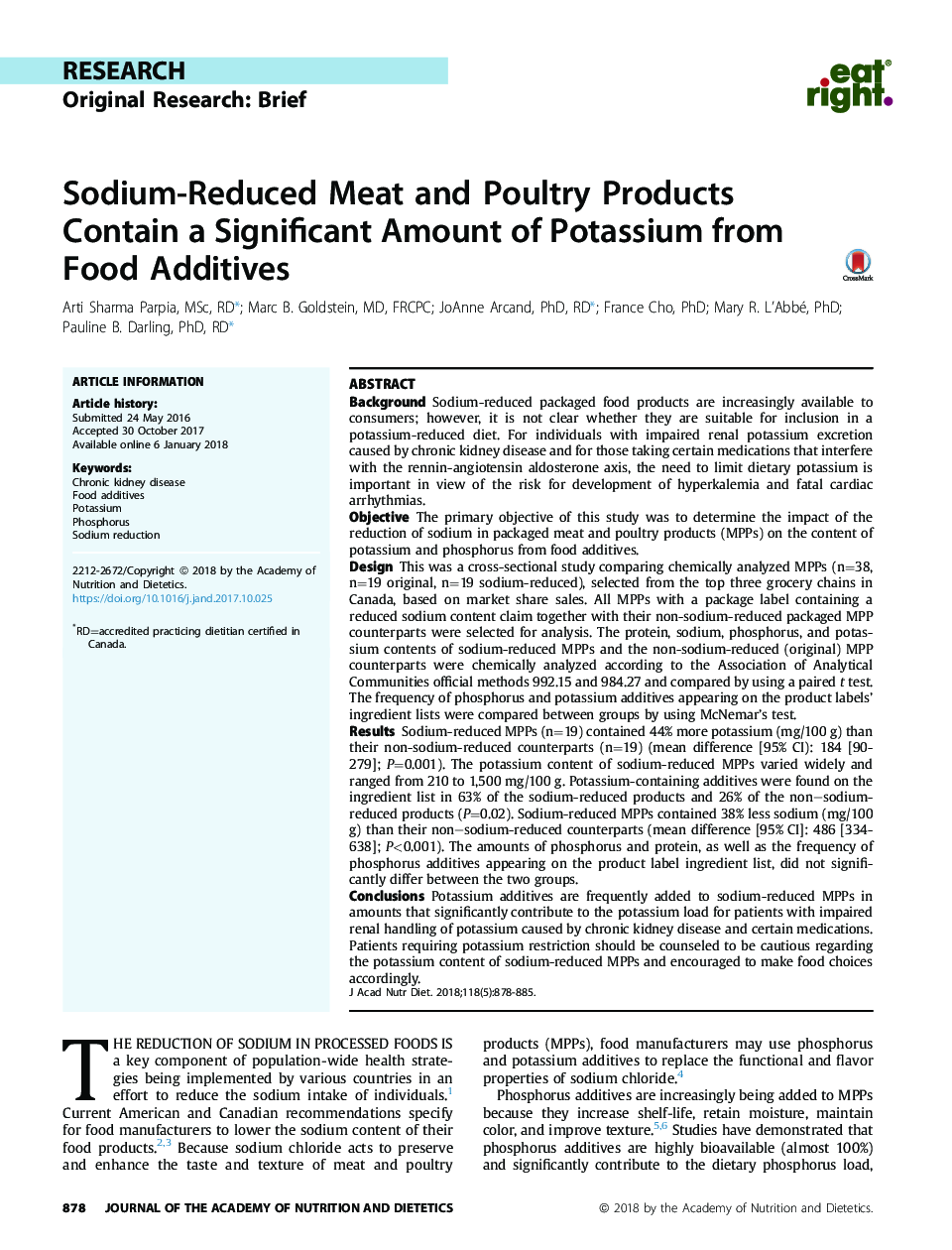 Sodium-Reduced Meat and Poultry Products Contain a Significant Amount of Potassium from Food Additives