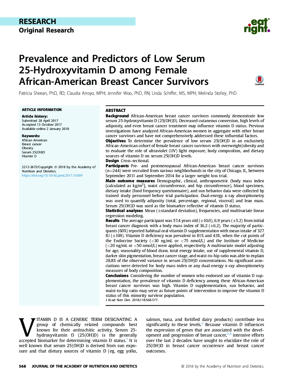 Prevalence and Predictors of Low Serum 25-Hydroxyvitamin D among Female African-American Breast Cancer Survivors