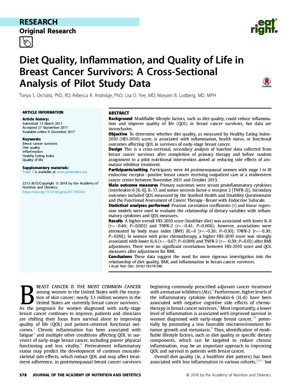 Diet Quality, Inflammation, and Quality of Life in Breast Cancer Survivors: A Cross-Sectional Analysis of Pilot Study Data