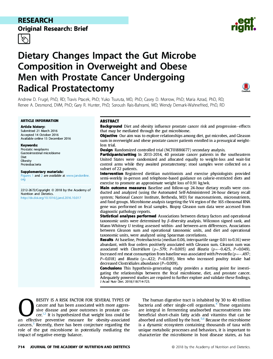 Dietary Changes Impact the Gut Microbe Composition in Overweight and Obese MenÂ with Prostate Cancer Undergoing RadicalÂ Prostatectomy