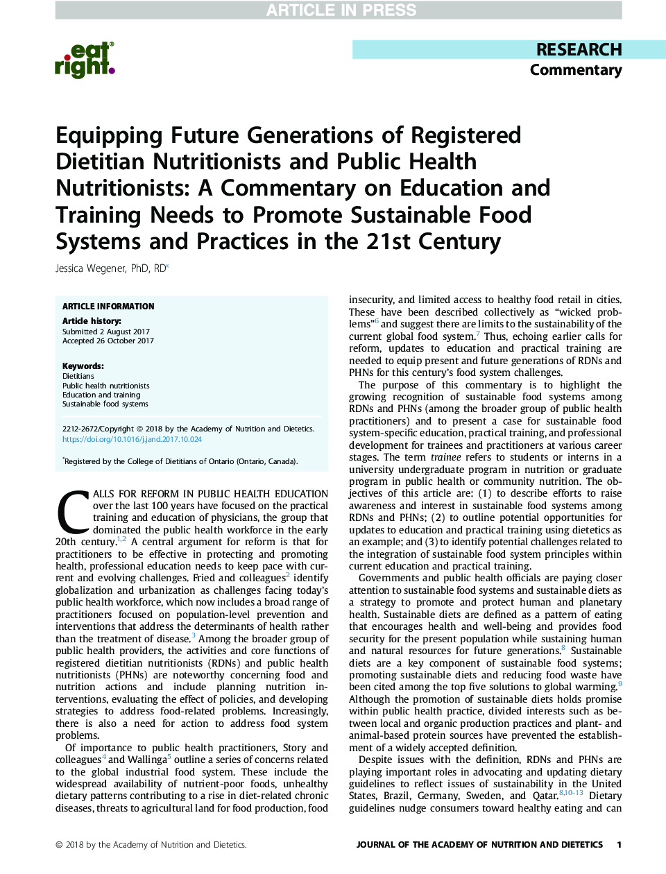 Equipping Future Generations of Registered Dietitian Nutritionists and Public Health Nutritionists: A Commentary on Education and Training Needs to Promote Sustainable Food Systems and Practices in the 21st Century