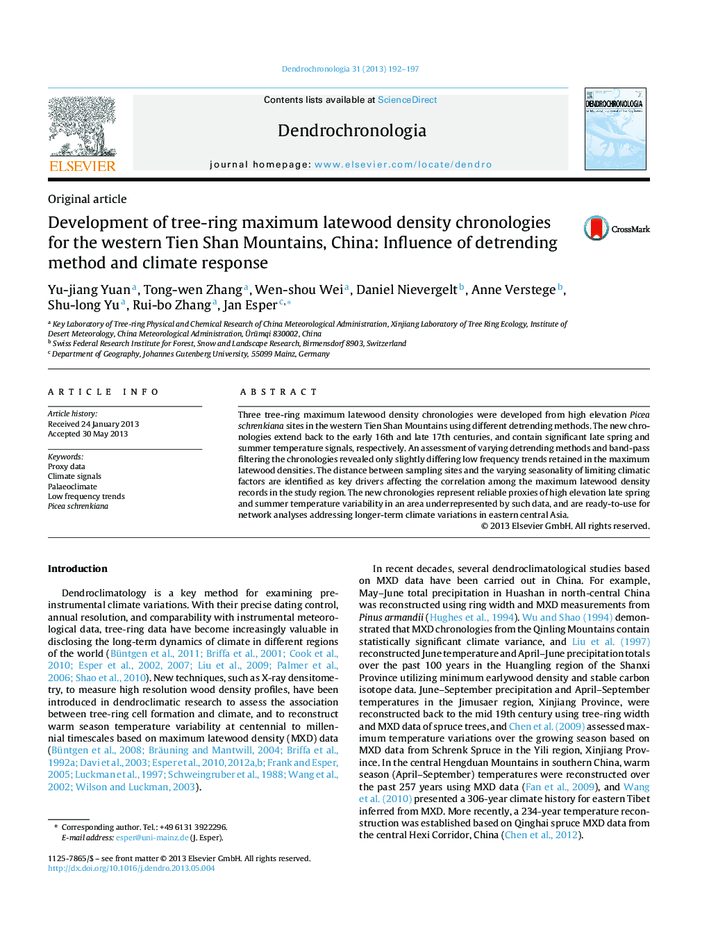 Development of tree-ring maximum latewood density chronologies for the western Tien Shan Mountains, China: Influence of detrending method and climate response