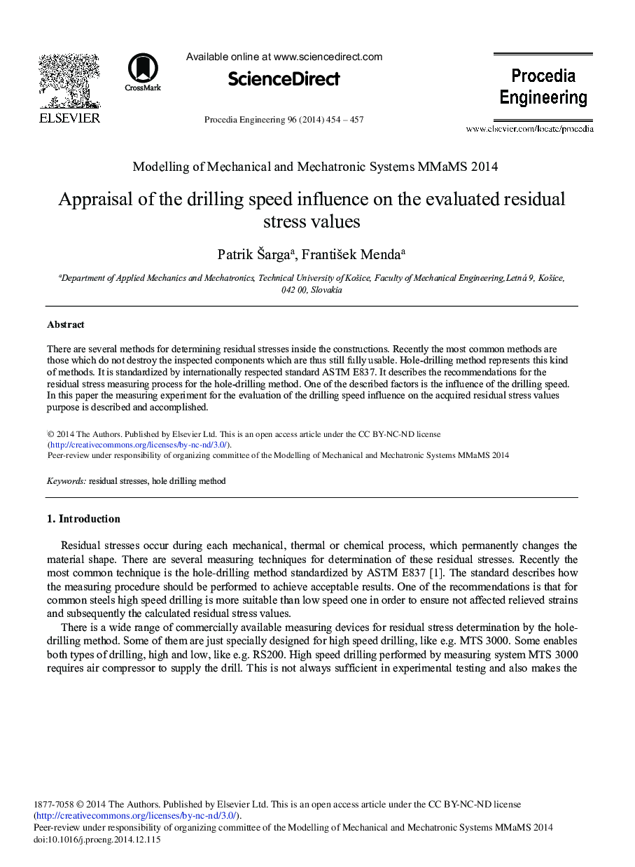 Appraisal of the Drilling Speed Influence on the Evaluated Residual Stress Values 