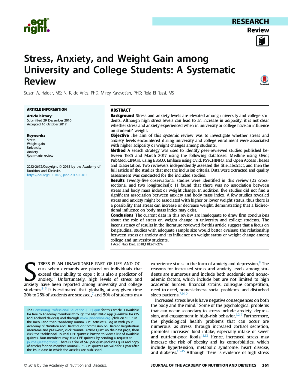 استرس، اضطراب، و افزایش وزن در میان دانشجویان دانشگاه و کالج: یک بررسی سیستماتیک 