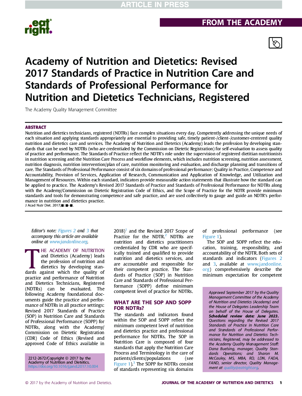 Academy of Nutrition and Dietetics: Revised 2017 Standards of Practice in Nutrition Care and Standards of Professional Performance for Nutrition and Dietetics Technicians, Registered