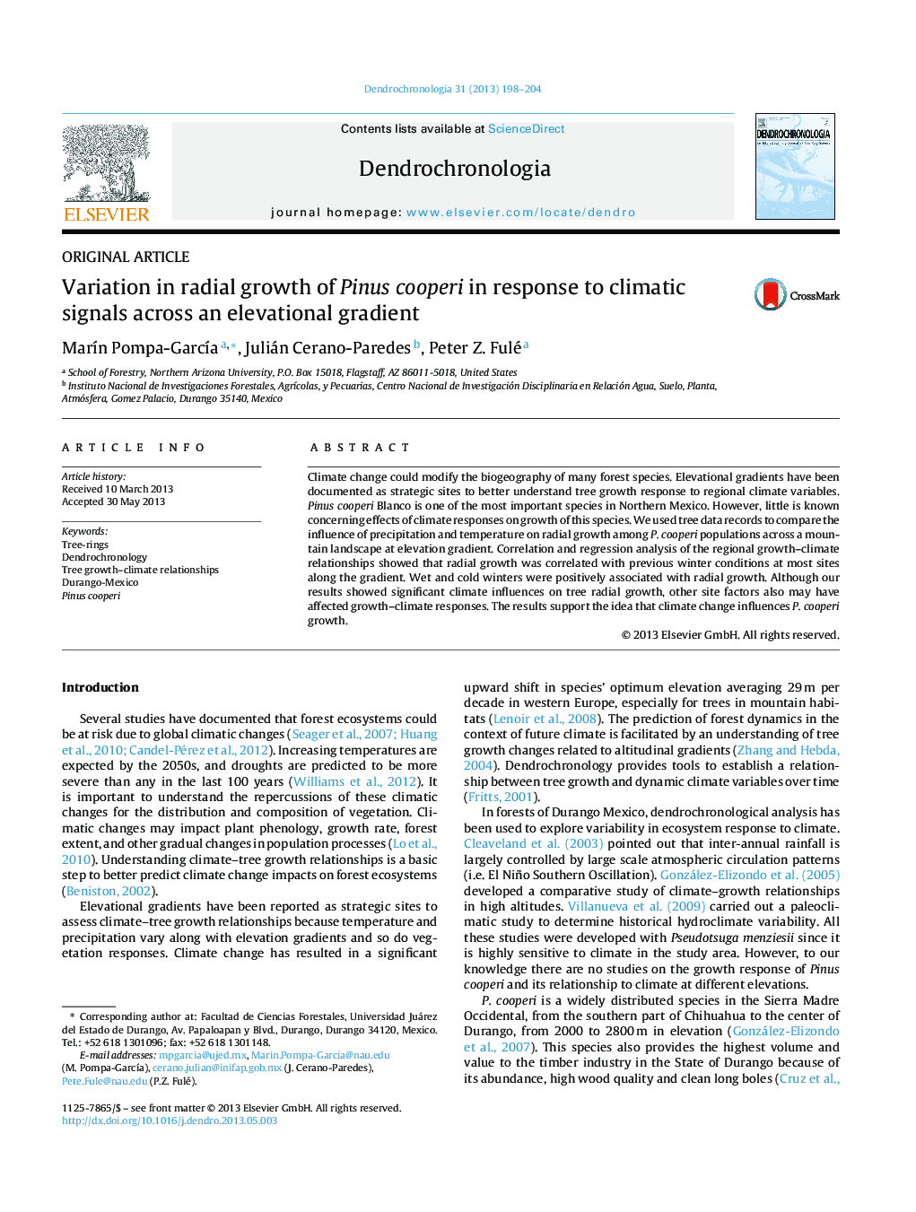 Variation in radial growth of Pinus cooperi in response to climatic signals across an elevational gradient