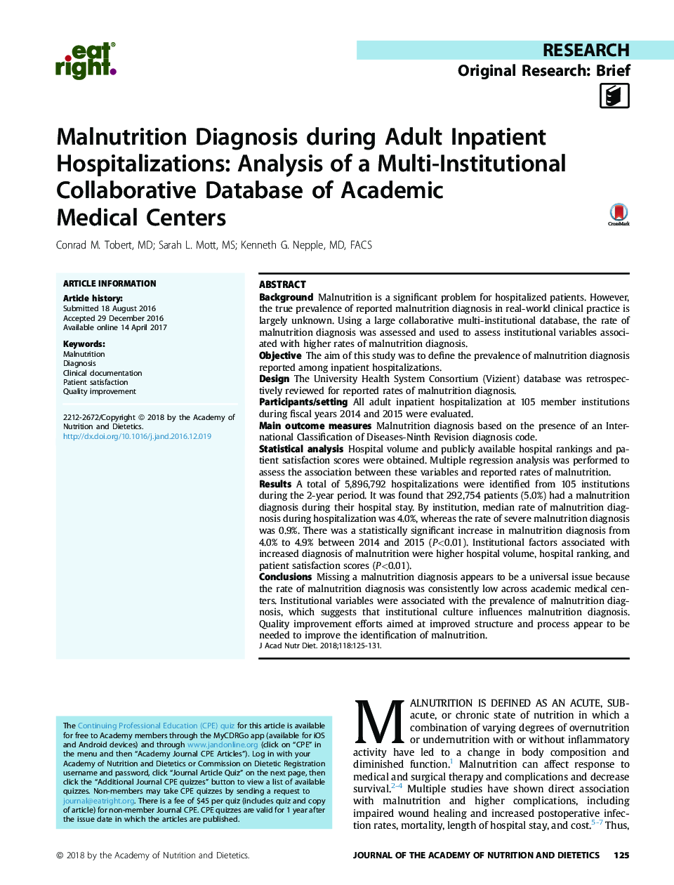 تشخیص سوء تغذیه در بیمارستان بستری بزرگسالان: تجزیه و تحلیل یک پایگاه اطلاعاتی چندگانه از مراکز علمی پزشکی 