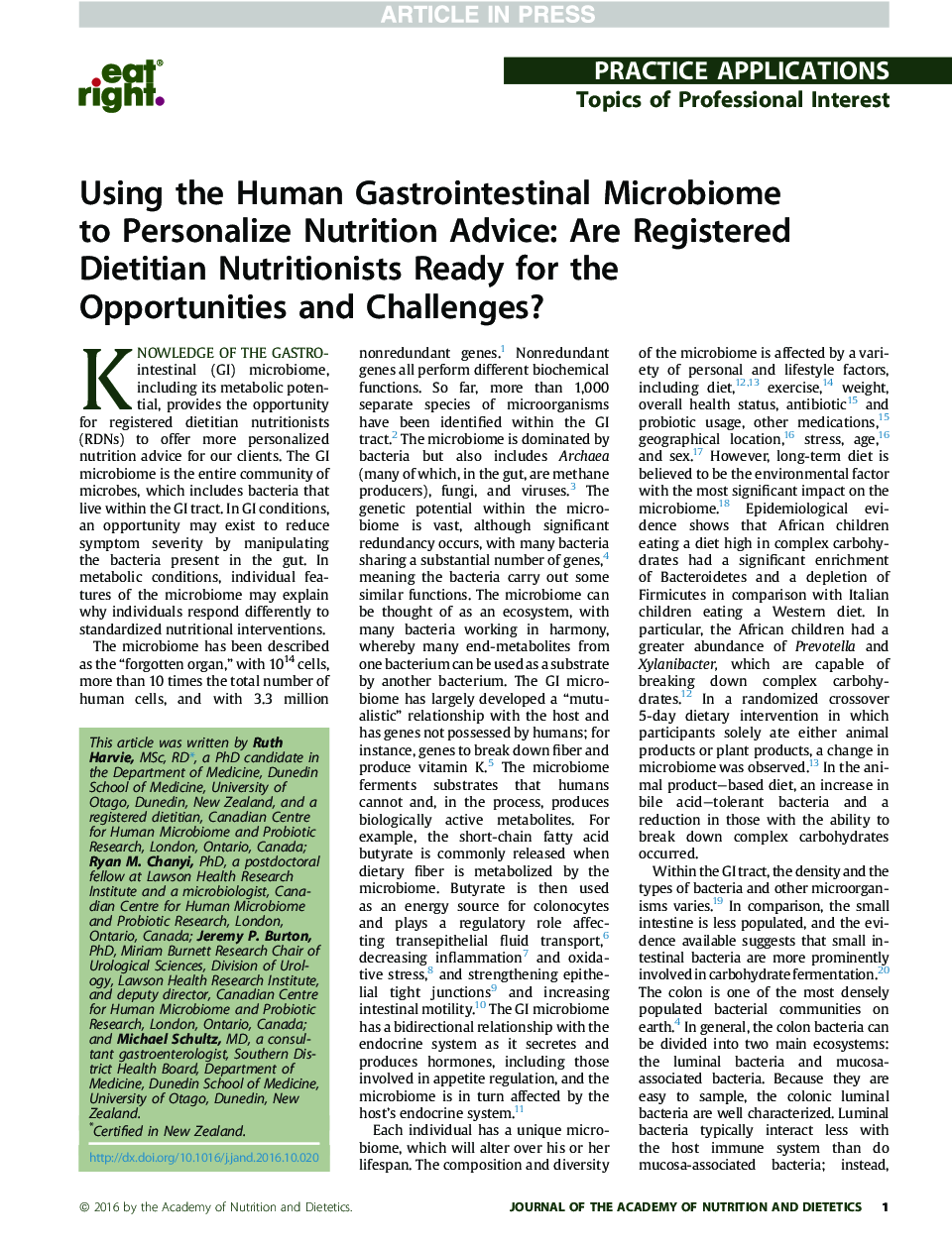 با استفاده از میکروبیوم مجاری گوارشی انسان برای مشاوره تغذیه شخصی: آیا متخصصان تغذیه متخصص تغذیه آماده فرصت و چالش هستند؟ 