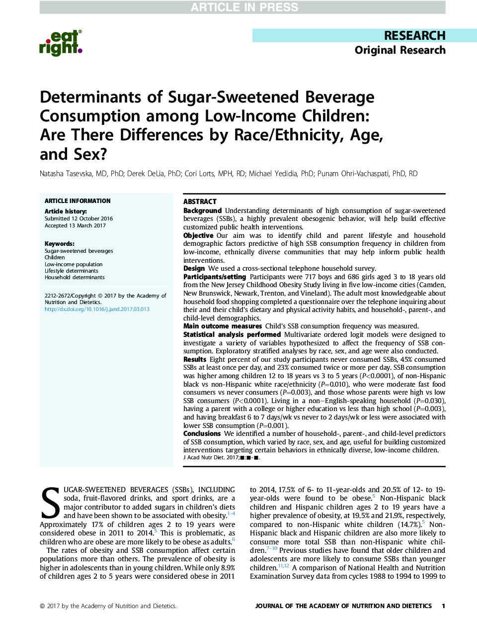 Determinants of Sugar-Sweetened Beverage Consumption among Low-Income Children: AreÂ There Differences by Race/Ethnicity, Age, and Sex?