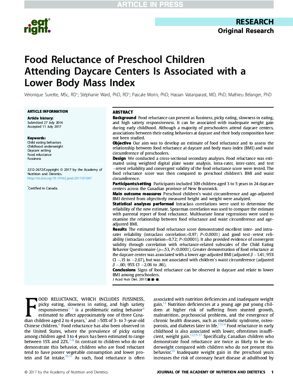 Food Reluctance of Preschool Children Attending Daycare Centers Is Associated with a Lower Body Mass Index