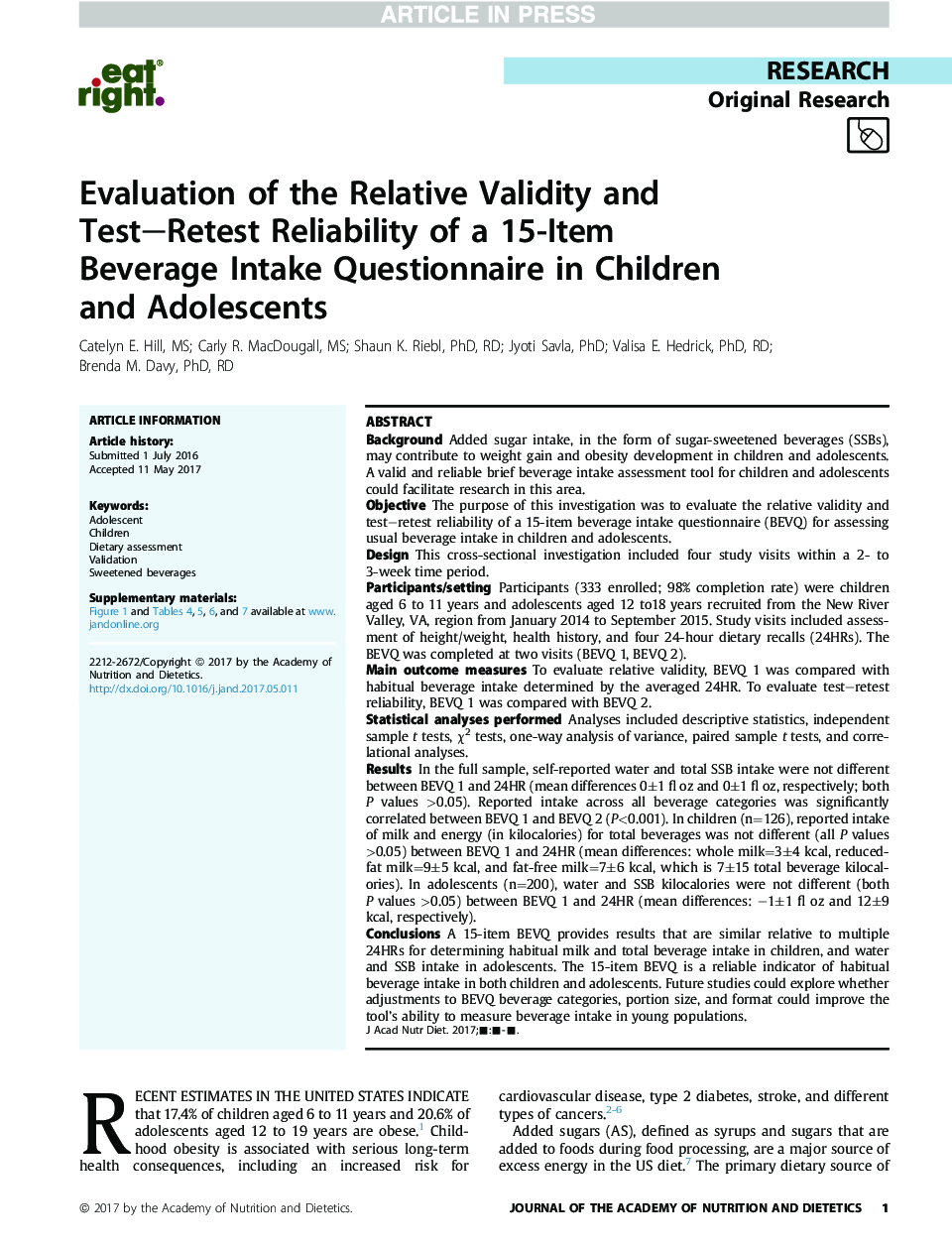 ارزیابی اعتبار نسبی و اعتبار مجدد آزمون تکاملی پرسشنامه مصرف نوشیدنی 15 عدد در کودکان و نوجوانان 