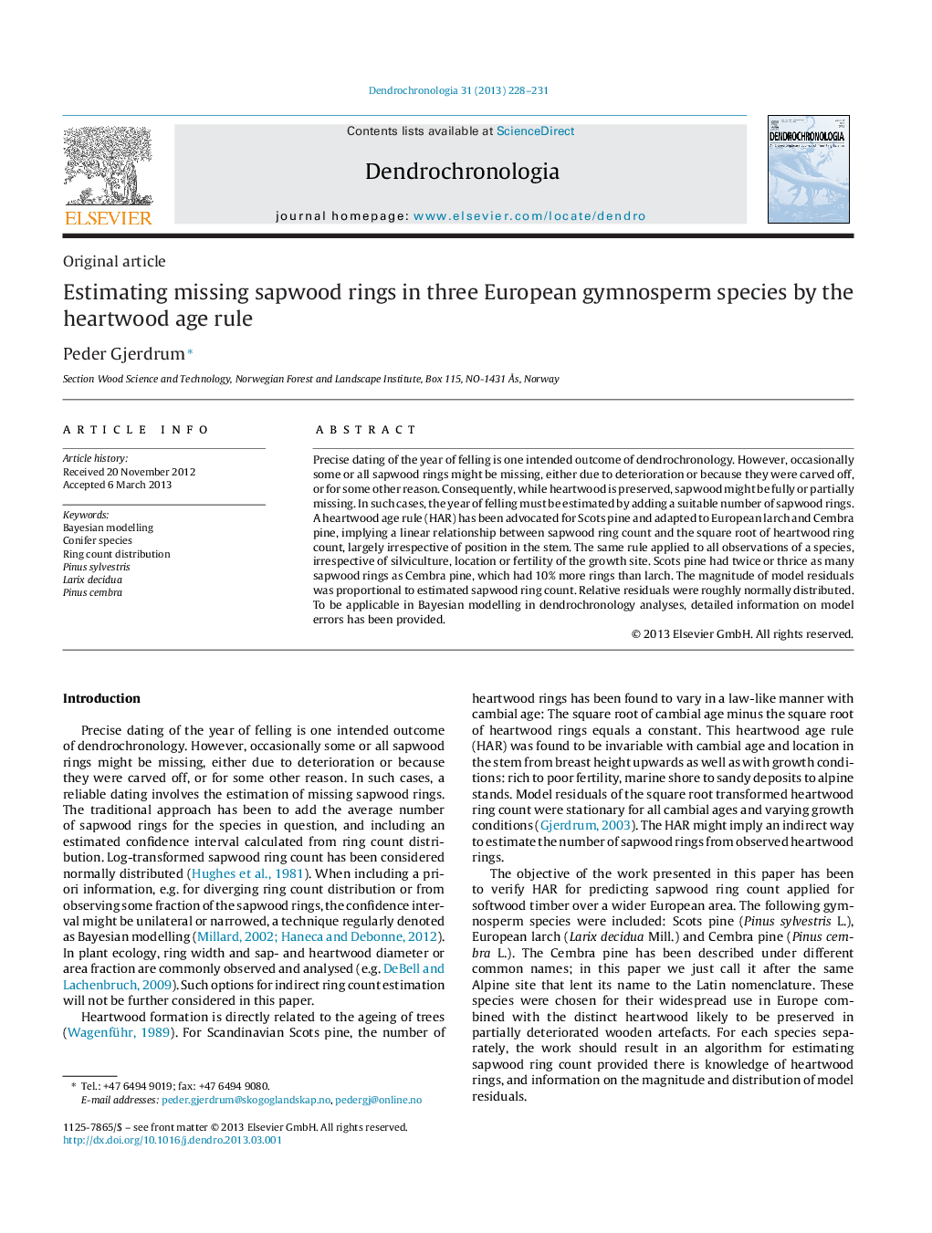 Estimating missing sapwood rings in three European gymnosperm species by the heartwood age rule