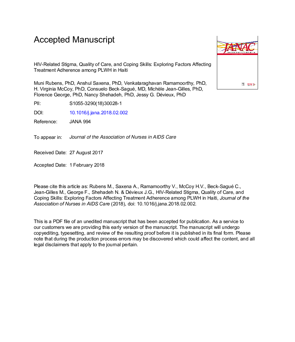 HIV-Related Stigma, Quality of Care, and Coping Skills: Exploring Factors Affecting Treatment Adherence Among PLWH in Haiti