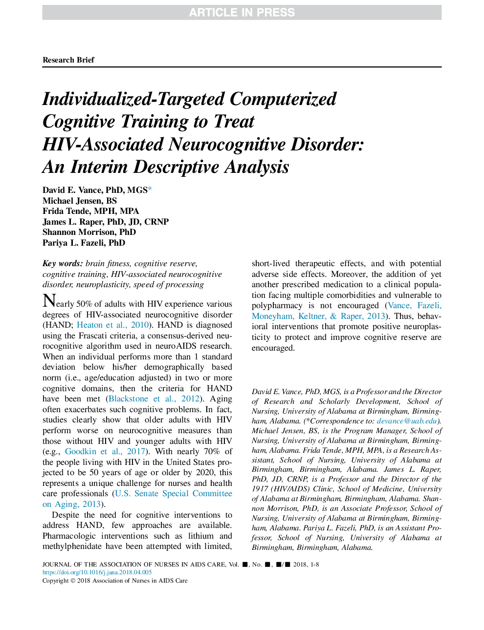 آموزش شناختی کامپیوتری فردی هدفمند برای درمان بیماری های مرتبط با اختلال نعوظ مرتبط با ایدز: یک تحلیل توصیفی موقت 