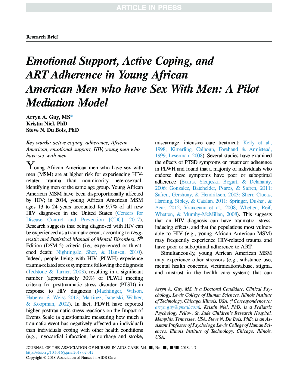 Emotional Support, Active Coping, and ART Adherence in Young African American Men who have Sex With Men: A Pilot Mediation Model