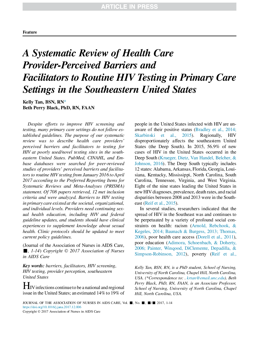 A Systematic Review of Health Care Provider-Perceived Barriers and Facilitators to Routine HIV Testing in Primary Care Settings in the Southeastern United States
