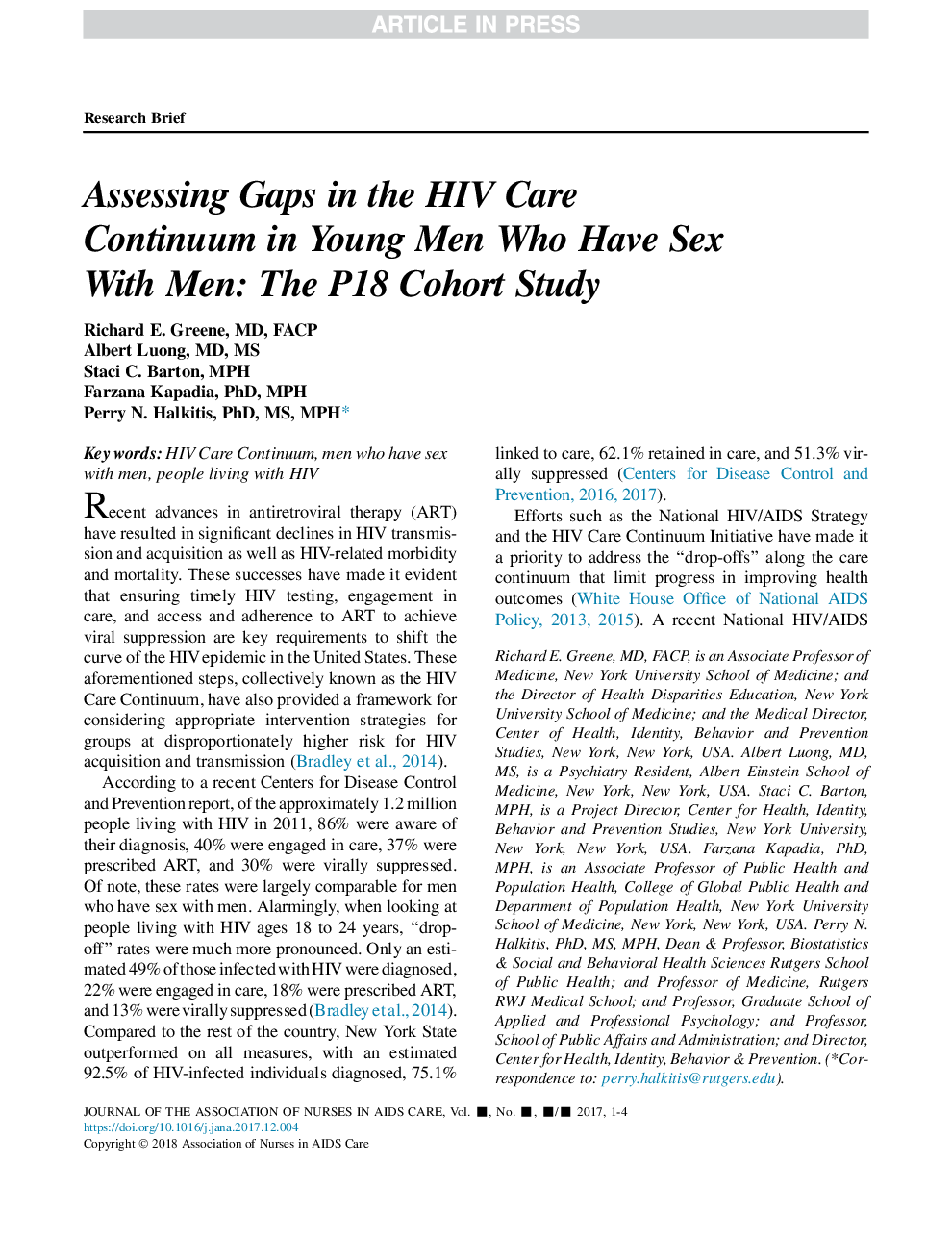 Assessing Gaps in the HIV Care Continuum in Young Men Who Have Sex With Men: The P18 Cohort Study