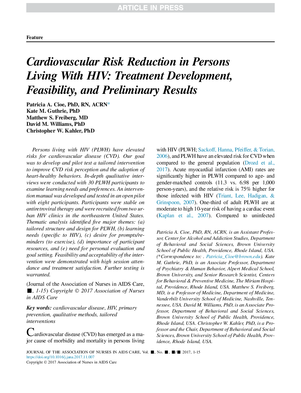 Cardiovascular Risk Reduction in Persons Living With HIV: Treatment Development, Feasibility, and Preliminary Results