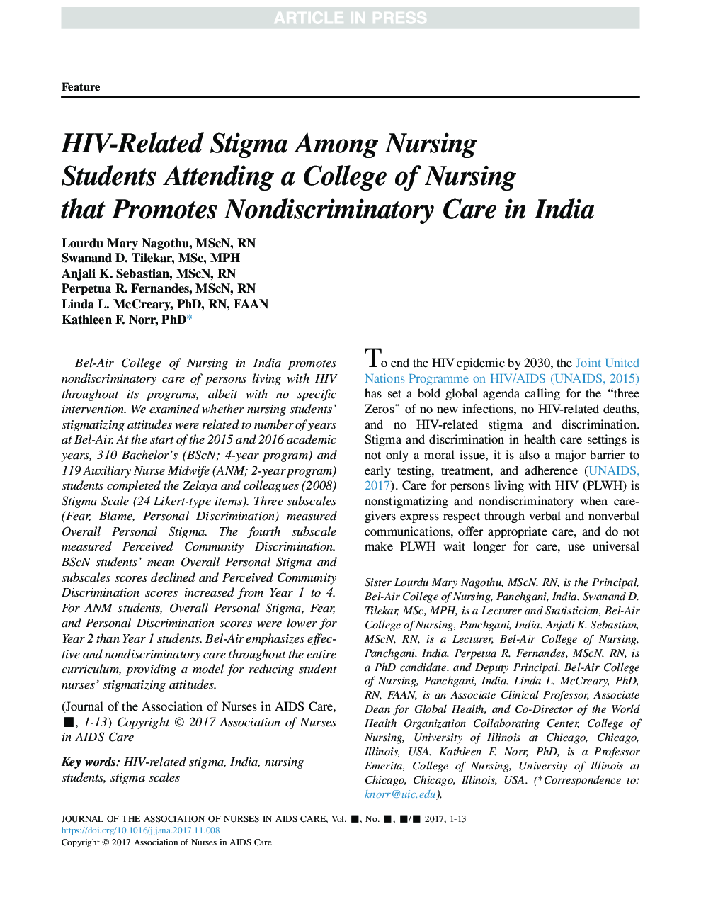 HIV-Related Stigma Among Nursing Students Attending a College of Nursing that Promotes Nondiscriminatory Care in India
