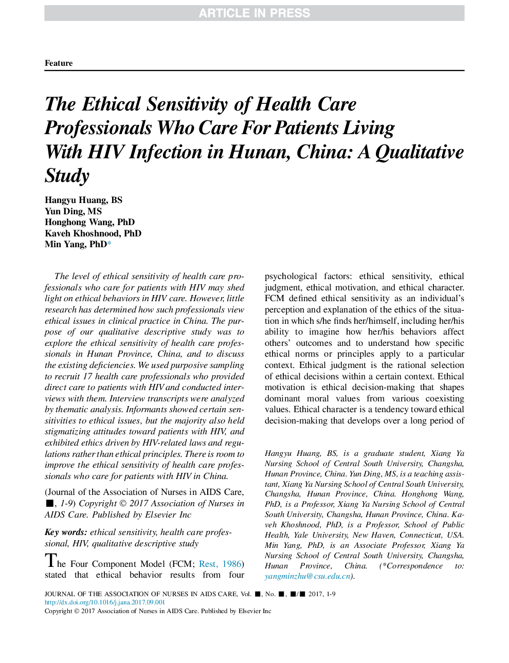 The Ethical Sensitivity of Health Care Professionals Who Care For Patients Living With HIV Infection in Hunan, China: A Qualitative Study