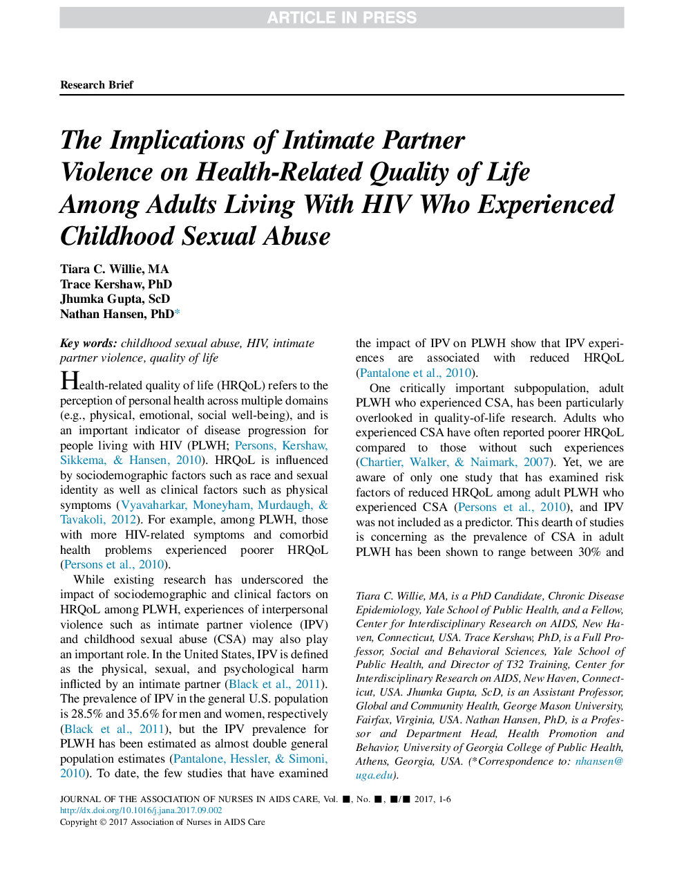 The Implications of Intimate Partner Violence on Health-Related Quality of Life Among Adults Living With HIV Who Experienced Childhood Sexual Abuse