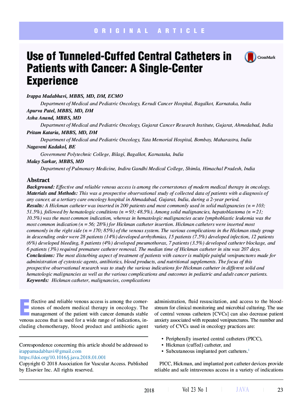 Use of Tunneled-Cuffed Central Catheters in Patients with Cancer: A Single-Center Experience