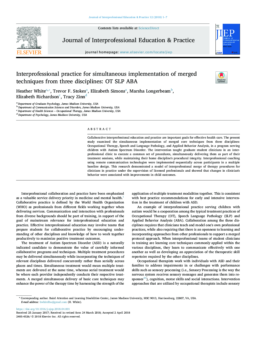Interprofessional practice for simultaneous implementation of merged techniques from three disciplines: OT SLP ABA