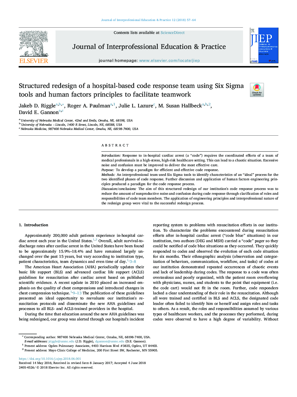 Structured redesign of a hospital-based code response team using Six Sigma tools and human factors principles to facilitate teamwork