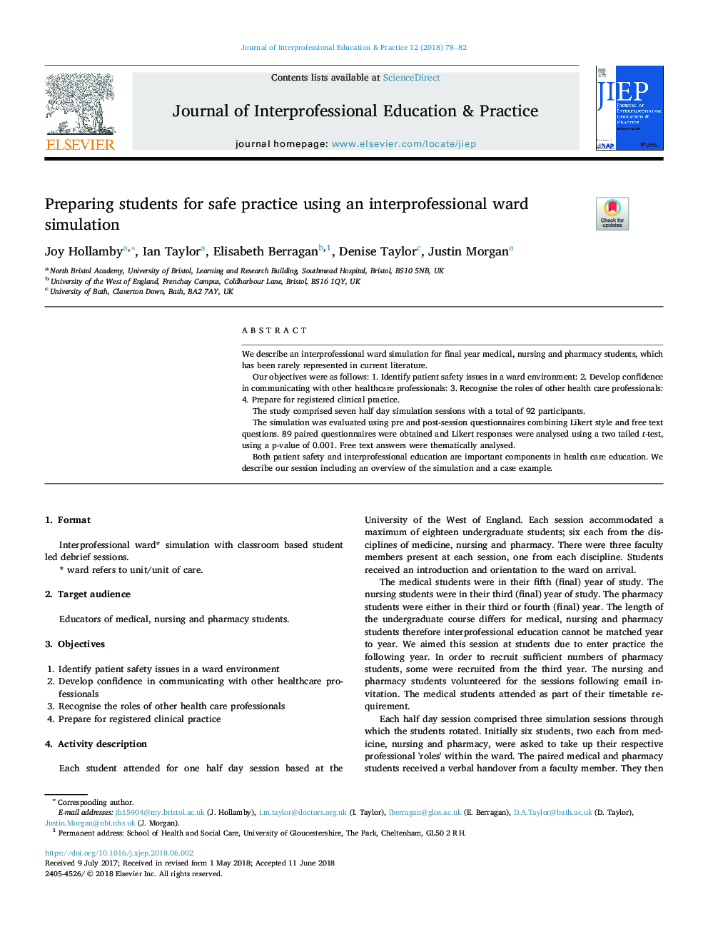 Preparing students for safe practice using an interprofessional ward simulation