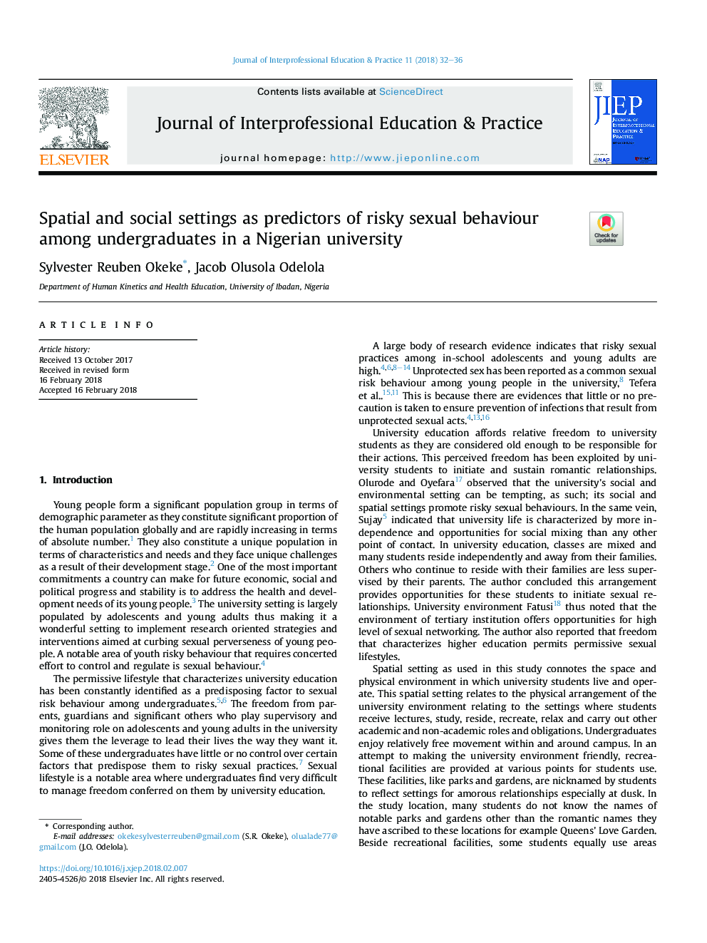 تنظیمات مکانی و اجتماعی به عنوان پیش بینی کننده رفتار جنسی مخاطره آمیز در میان دانشجویان مقطع کارشناسی در دانشگاه نیجریه 