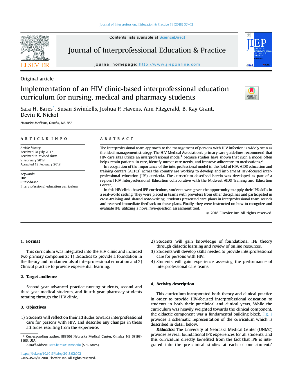Implementation of an HIV clinic-based interprofessional education curriculum for nursing, medical and pharmacy students