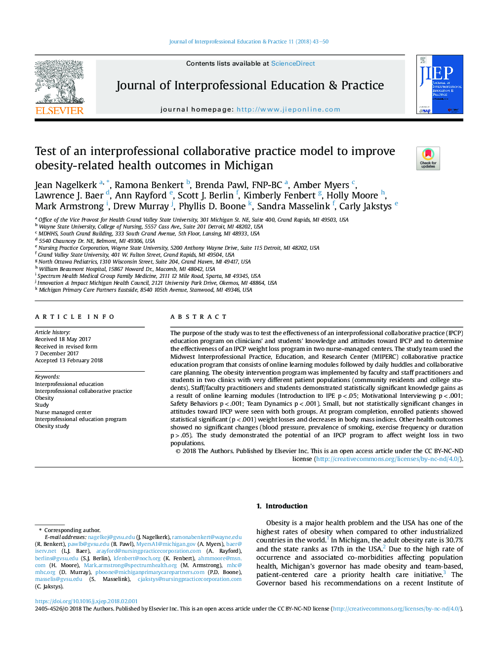 Test of an interprofessional collaborative practice model to improve obesity-related health outcomes in Michigan