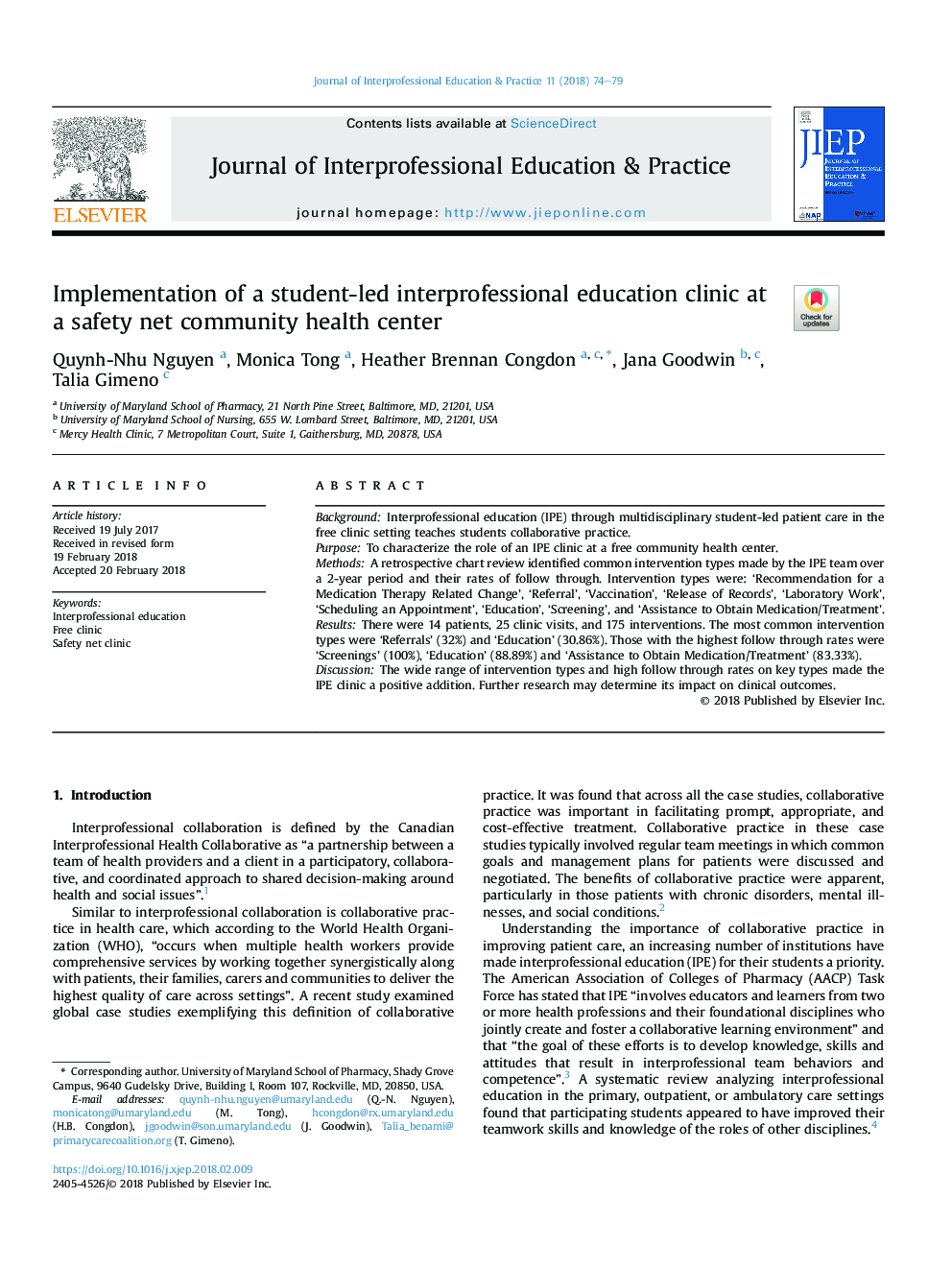 Implementation of a student-led interprofessional education clinic at a safety net community health center