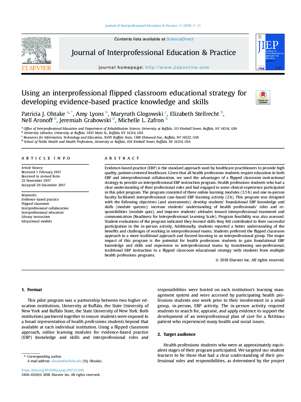 Using an interprofessional flipped classroom educational strategy for developing evidence-based practice knowledge and skills