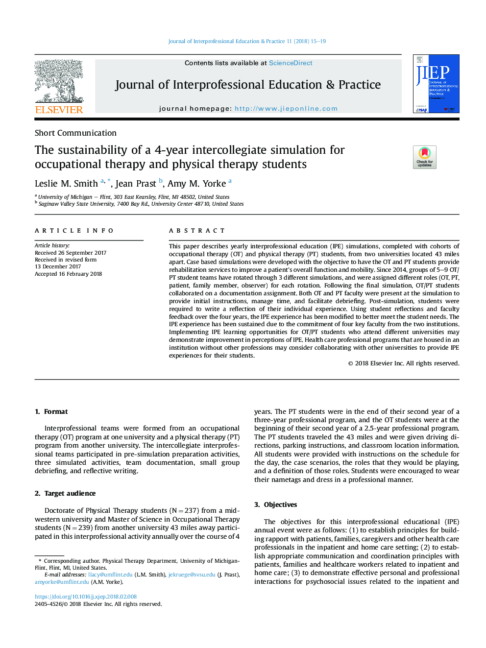 The sustainability of a 4-year intercollegiate simulation for occupational therapy and physical therapy students