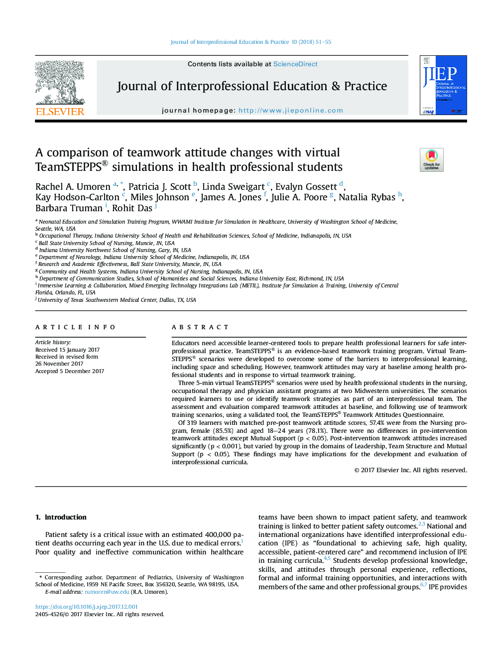 A comparison of teamwork attitude changes with virtual TeamSTEPPS® simulations in health professional students
