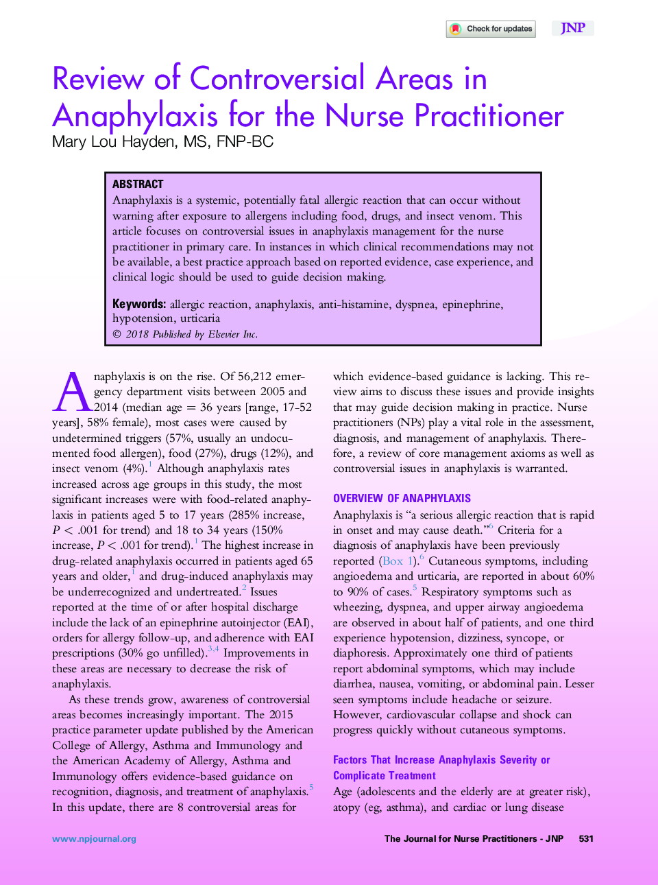 Review of Controversial Areas in Anaphylaxis for the Nurse Practitioner