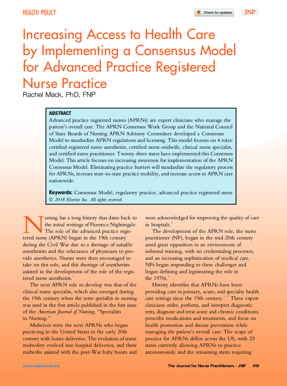 Increasing Access to Health Care byÂ Implementing a Consensus Model forÂ Advanced Practice Registered NurseÂ Practice